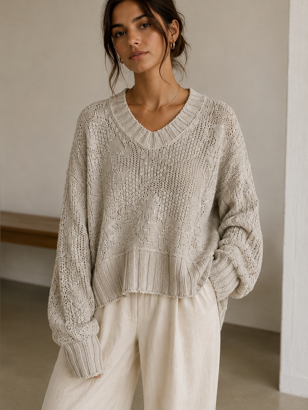 Serienumerica Oversized Chunky Knit Sweater Oatmeal Gray